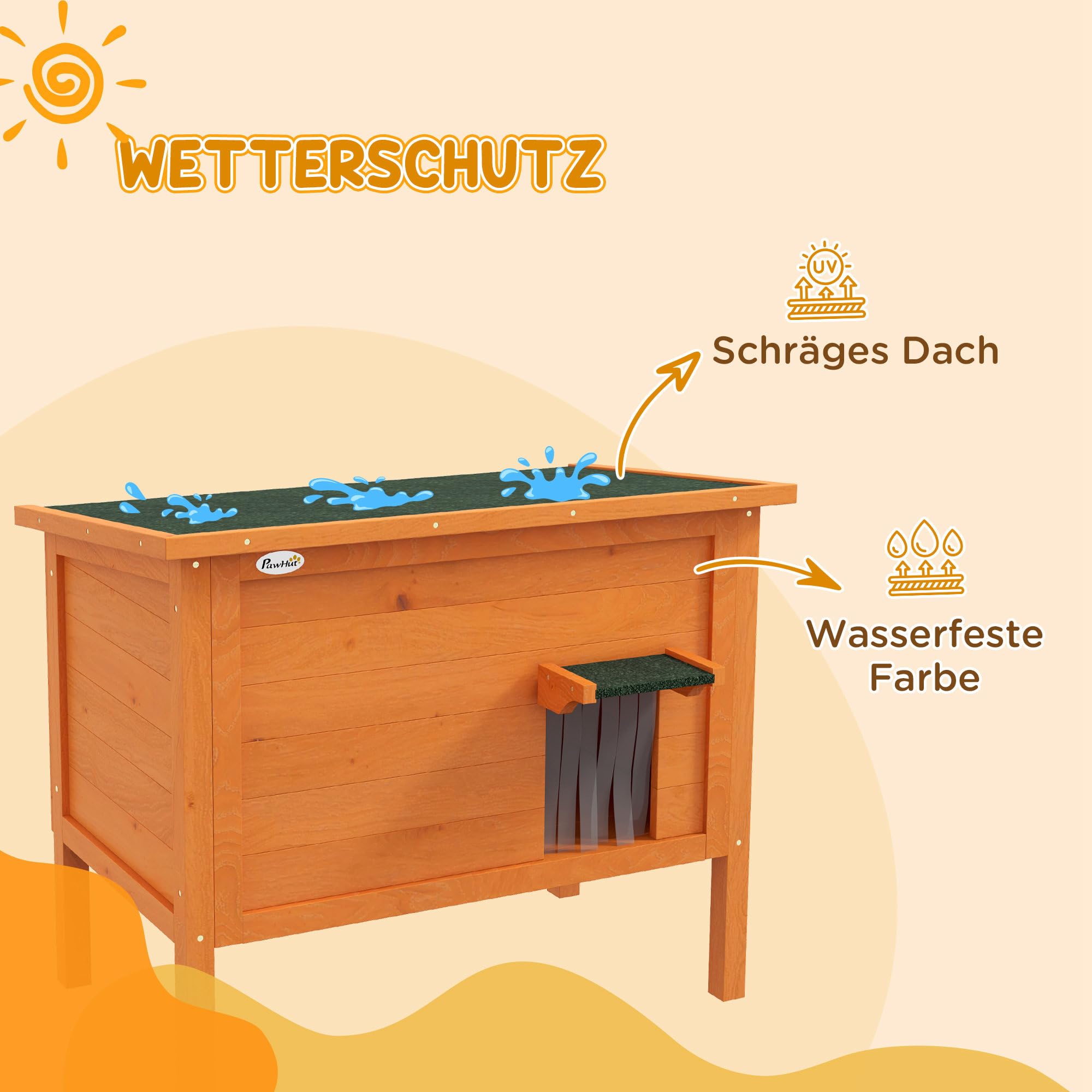 PawHut Katzenhaus aus Holz Winterfest wasserdicht 85x50x68,5 cm Orange | Katzenhütte mit Asphaltdach, Boden Füße, Katzenhöhle Katzenkiste, Outdoor Schutzhütte, für Draußen Garten Balkon