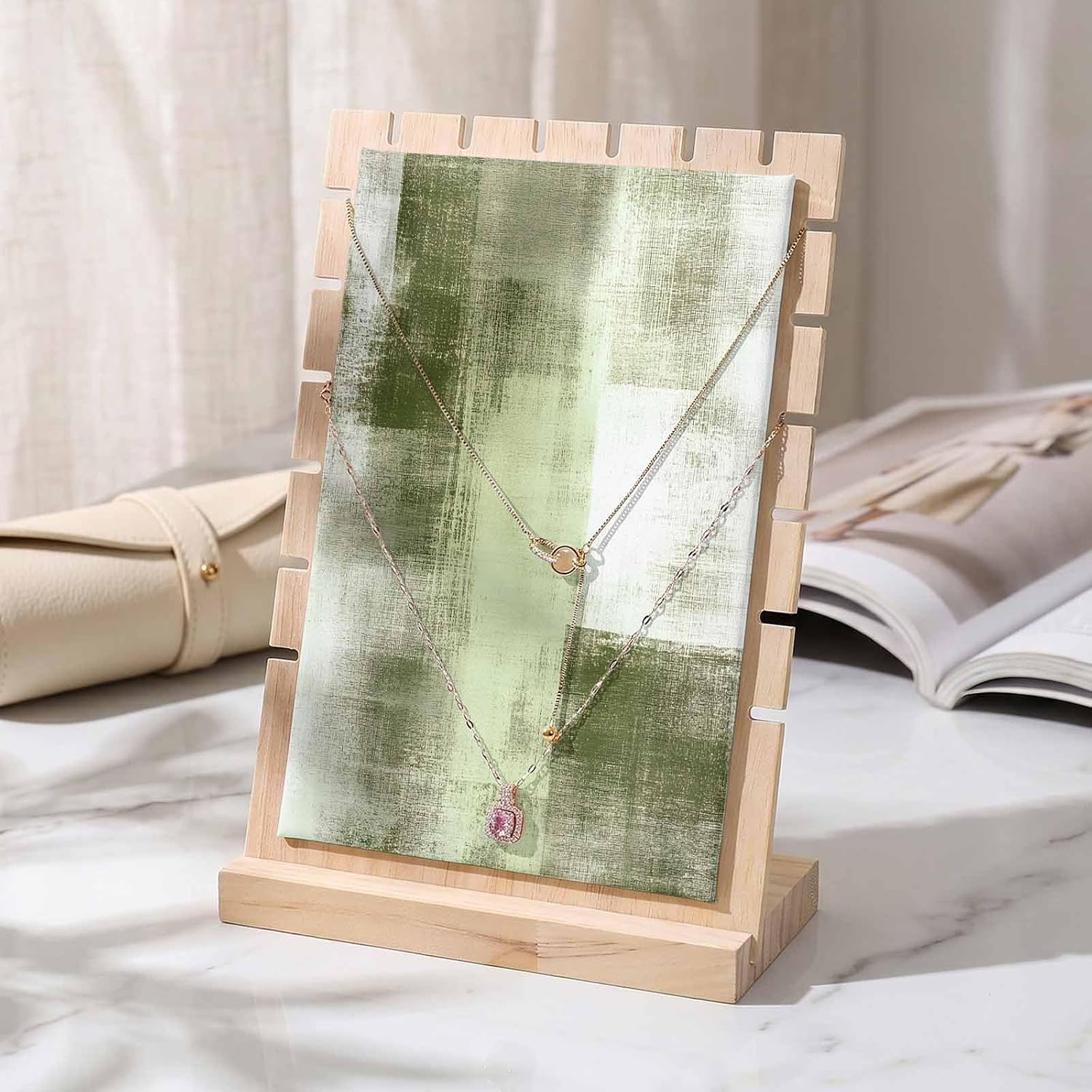 Necklace Display Stand Vintage Abstract Oil Painting Art Detachable Necklace Holder Jewelry Display Storage, Green Collage Texture Wooden Jewelry Organizer for Selling 7x3x9in