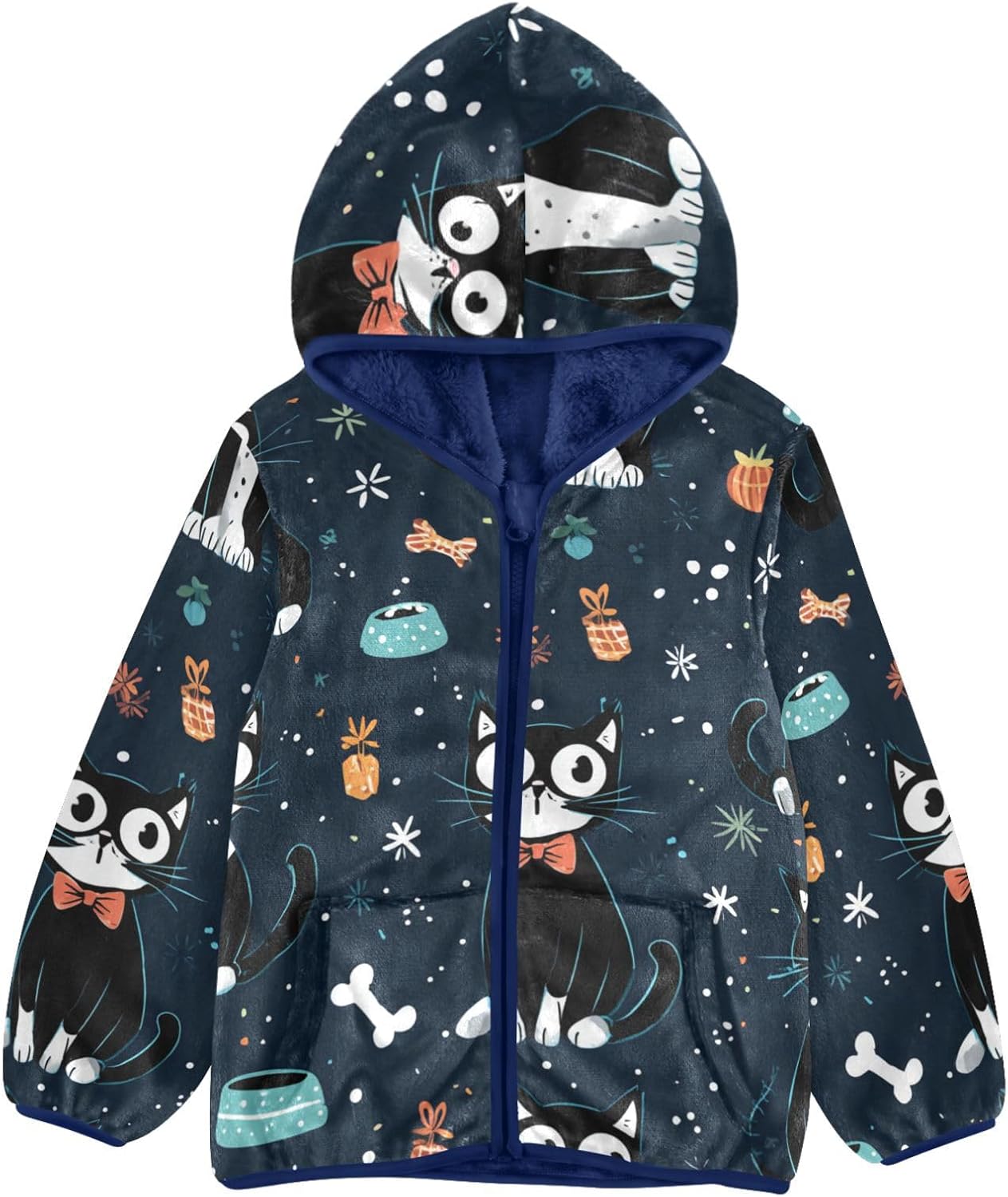 Cute Cartoon Mr Cat Blue Toddlers Winter Jackets Outerwear Jackets Navy Blue Baby Boys Hoodie