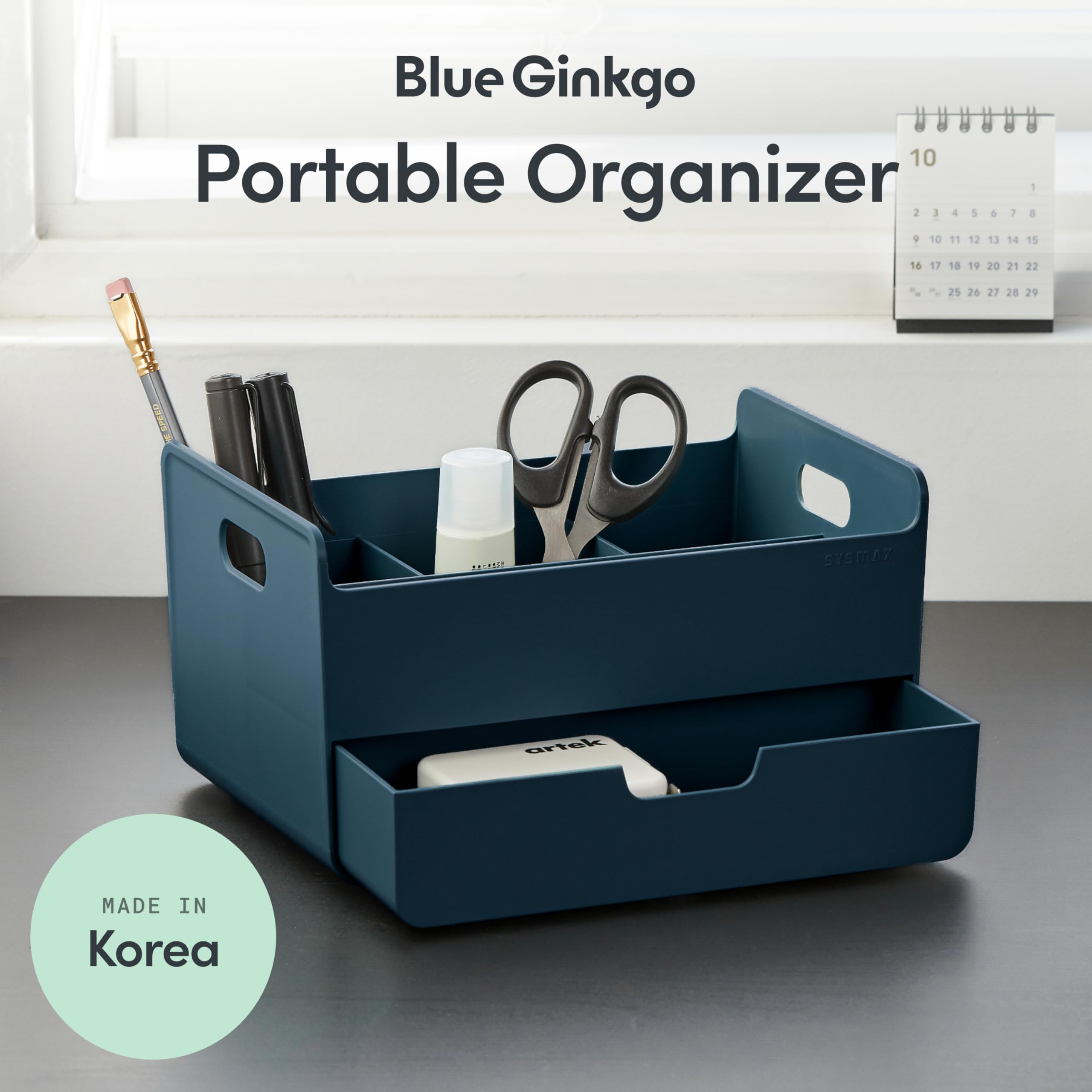 BLUE GINKGO Compacte bureauorganizer - kleine 5-compartimenten, opslag voor halve laden - pennenhouder, briefpapierorganizer voor desktop, ijdelheid, plank ( gemaakt in Korea, blauw
