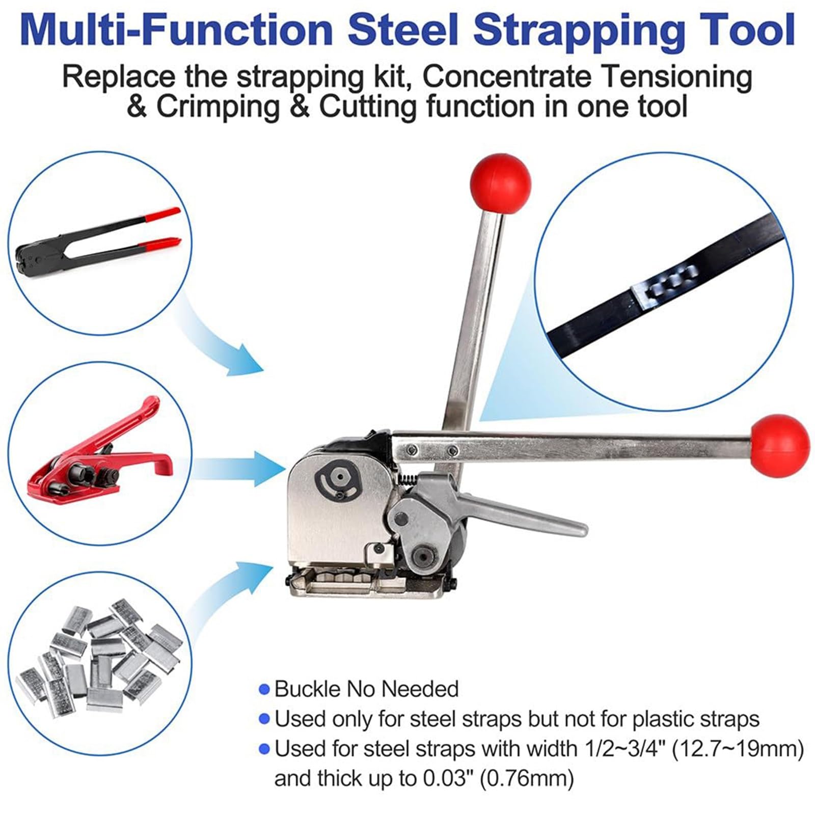 Herramienta de banda de metal, herramienta de combinación 3 en 1 sin sello para flejes de acero, fuerza de unión ajustable, compatible con correas de 12,7 a 19 mm