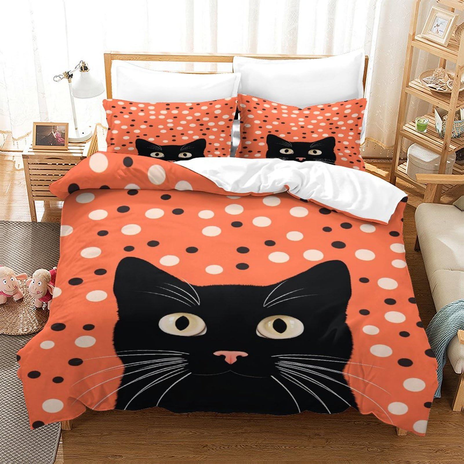 P1S9U7W5Y Cute Dots 3D Printed Cat Duvet Cover Set 3pcs Microfiber Cat Bedding Set Double