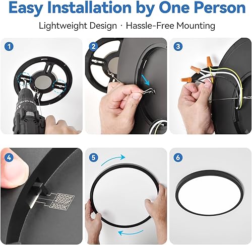 Miniatura 7 de CycevSun Lámpara de techo negra de montaje empotrado de 12 pulgadas, regulable y 3000 K4000 K5000 K seleccionable, perfil bajo de 20 W, ultrafina,