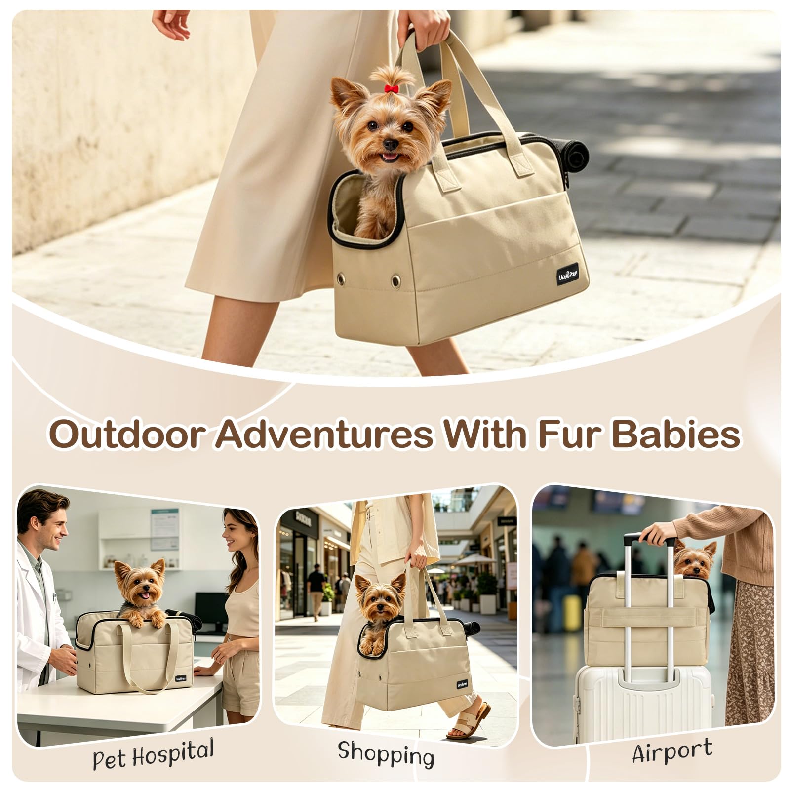 Bolso Transportín para Perros Pequeños, 15" X 11" X 7,9" Transportín De Viaje para Mascotas con Ganchos De Seguridad, Almohadilla De Apoyo Y Múltiples Bolsillos, Transportín Blando para Gatos, Khaki