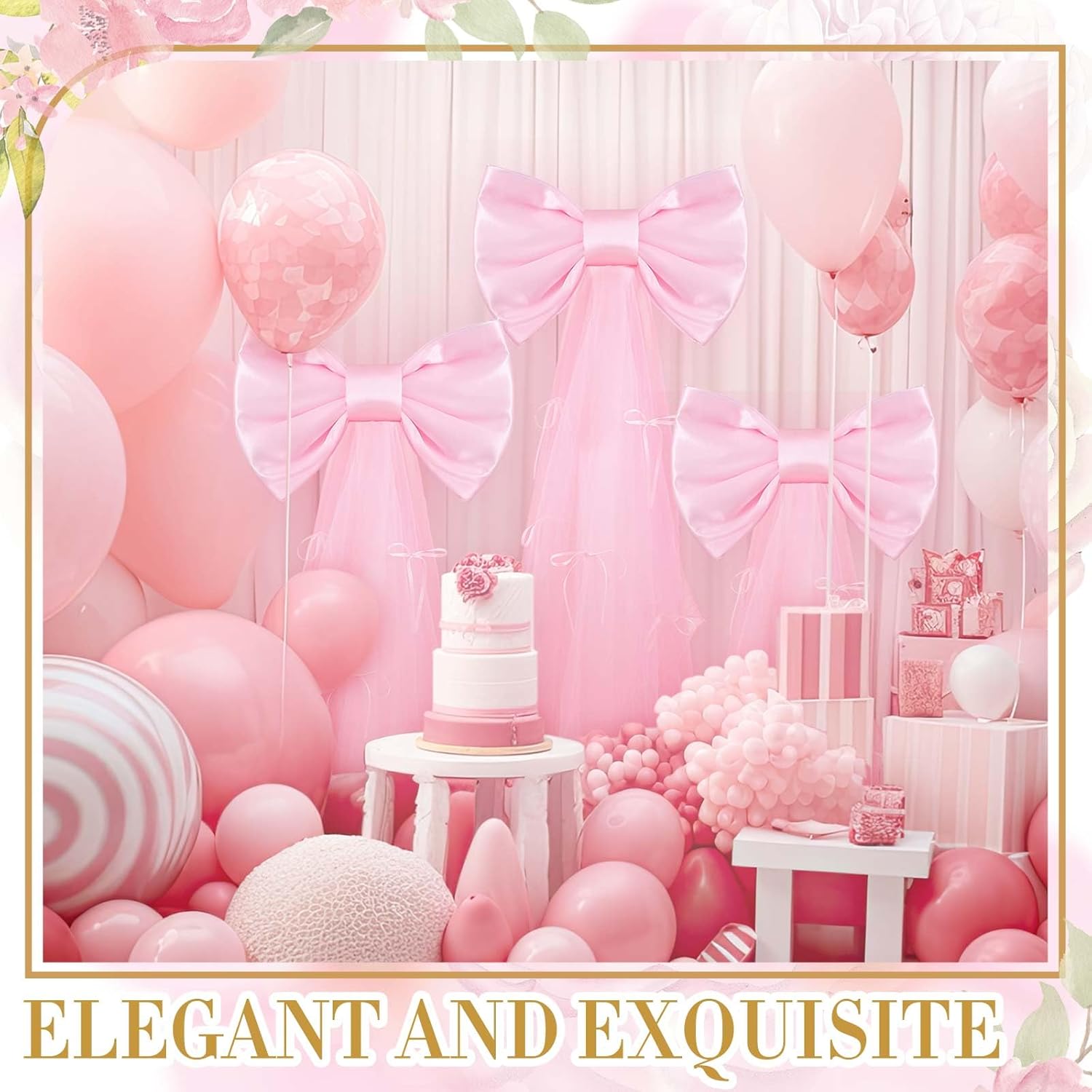 Havawish 3 Sets 5 ft Large Pink Bow Coquette Room Decor with Long Tulle Tails for Christmas Wedding Reception Birthday Party Bridal Shower Engagement Anniversary (Stand and Base Included)