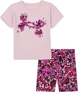 Under Armour Conjunto de camisa y pantalones cortos de manga corta para niñas y niñas, elástico duradero y ligero