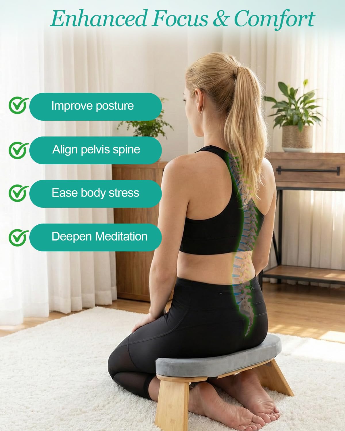 Banc de méditation avec coussin, tabouret de méditation pliable en bambou pour femme, banc de prière Seiza, banc de méditation à genoux, idéal pour la méditation, la prière, le yoga (gris)