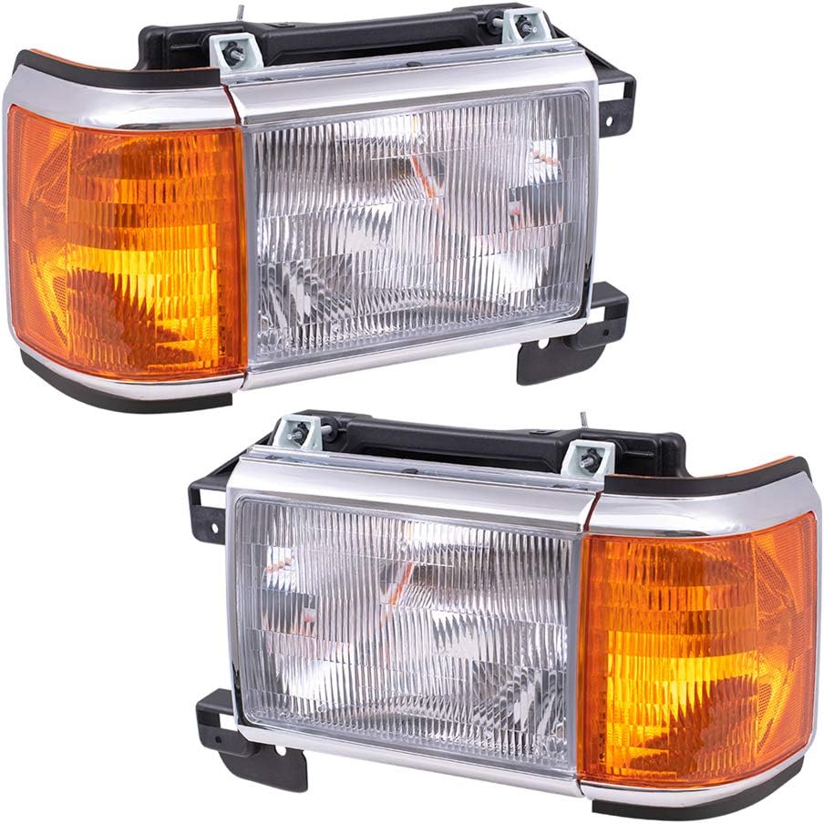 Brock Replacement Driver and Passenger Headlights with Park Lamp & Chrome Trim Compatible with 1987-1991 F100 F150 F250 F350 Pickup Bronco
