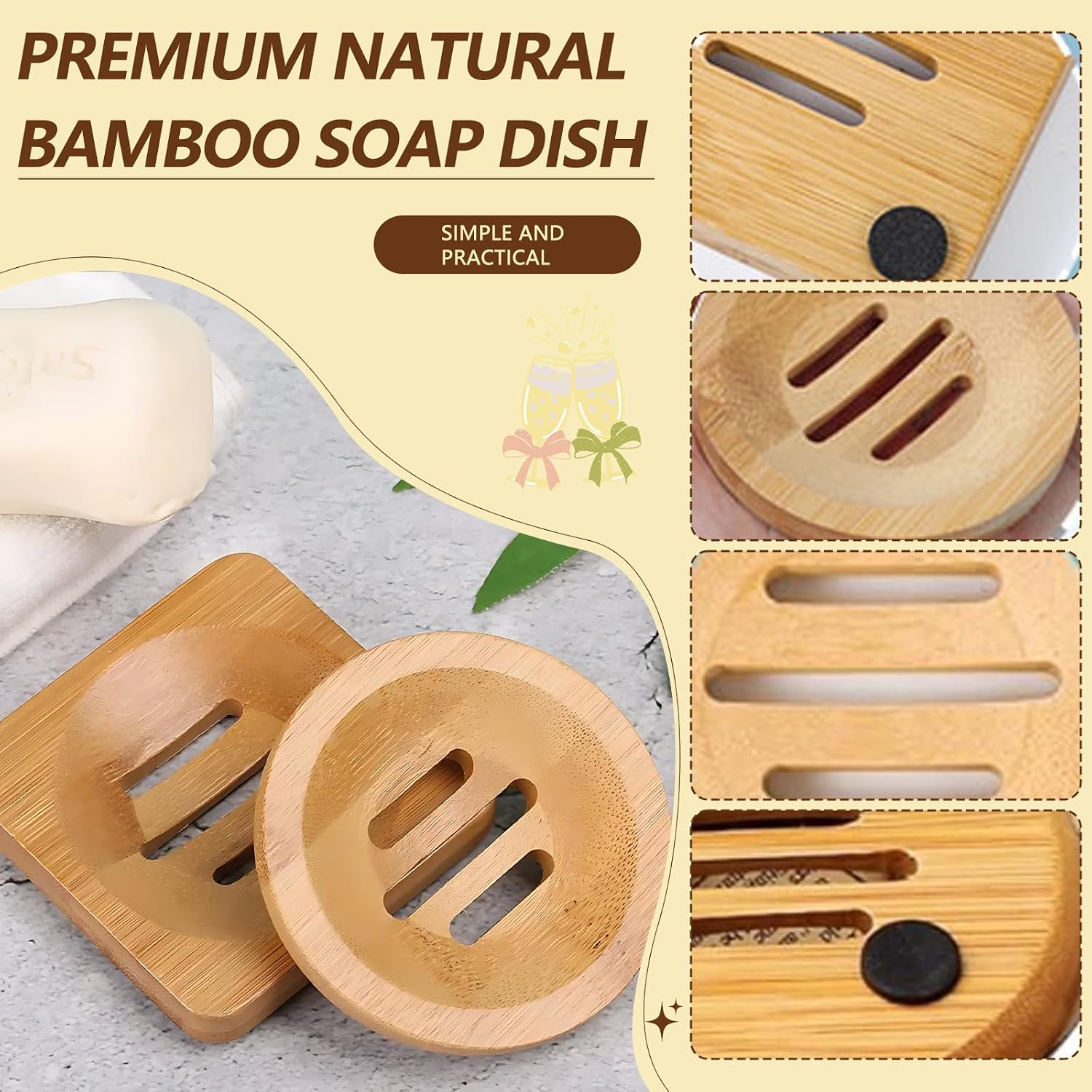 2 Pcs Bamboo Soap Holder Wooden Soap Dishes for Shower Steamer Tray for Shampoo Bath Bomb Steamers Natural Soap Dish for Home Bathroom Accessories(Round and Square)
