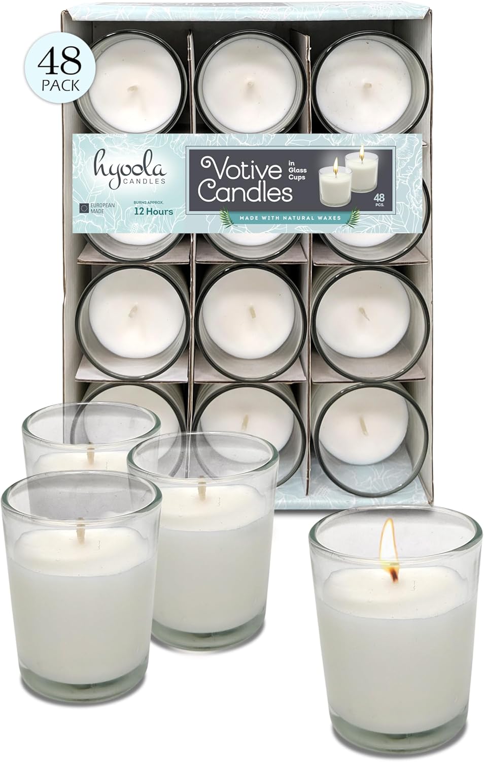 Hyoola White Votive Candles in Glass - Pack of 48 Votive Candle - 12 Hour Burn Time - Unscented Votive Candles - European Made Glass Votives
