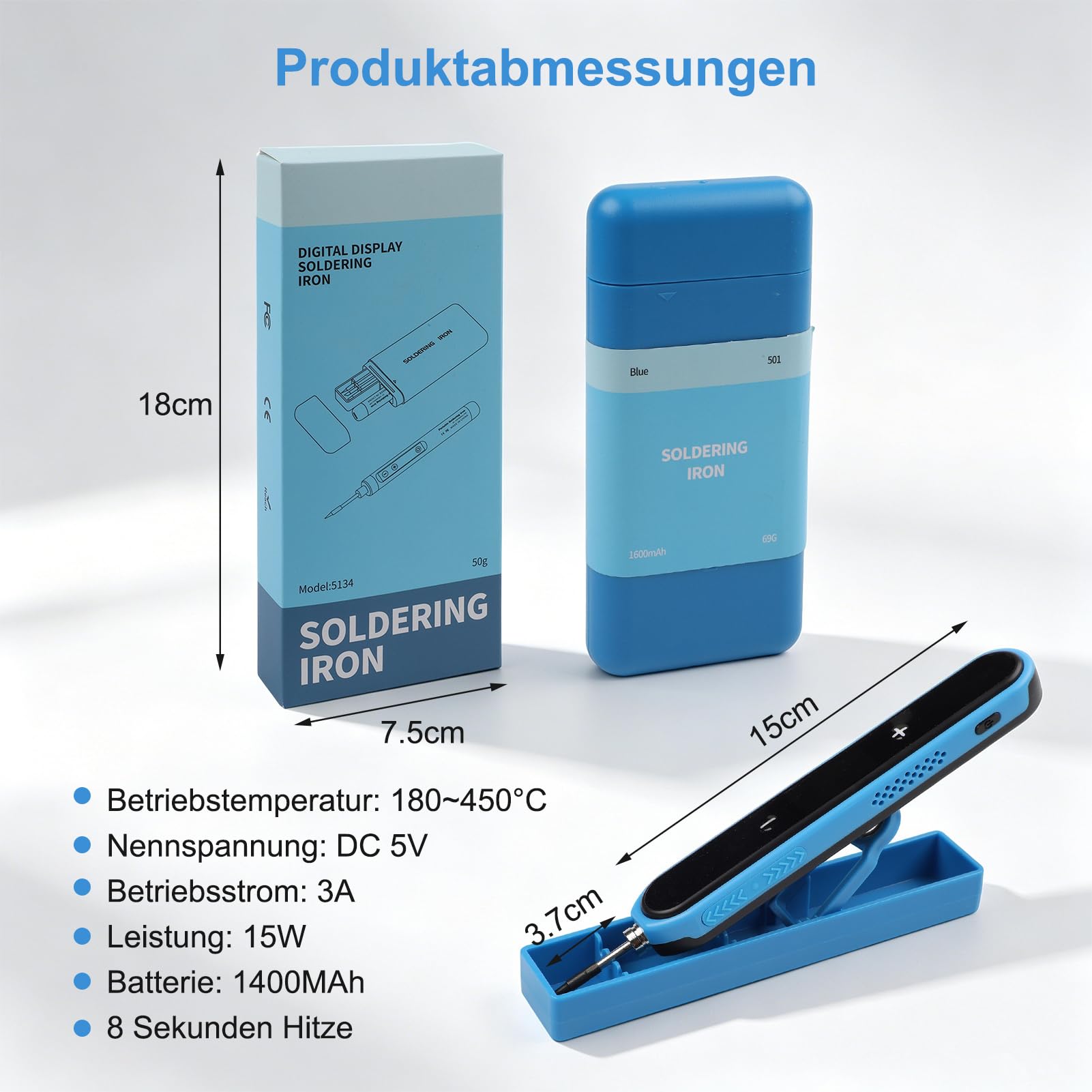 Akku Lotkolben Set USB-C, kabelloser Lotkolben fur Elektronik, 1400 mAh, Aufheizen in 8 Sek, Temperatur 180-450℃ einstellbar, 3 Lotspitzen, Entlotpumpe, Pinzette & Abisolierzange mit Aufbewahrungsbox