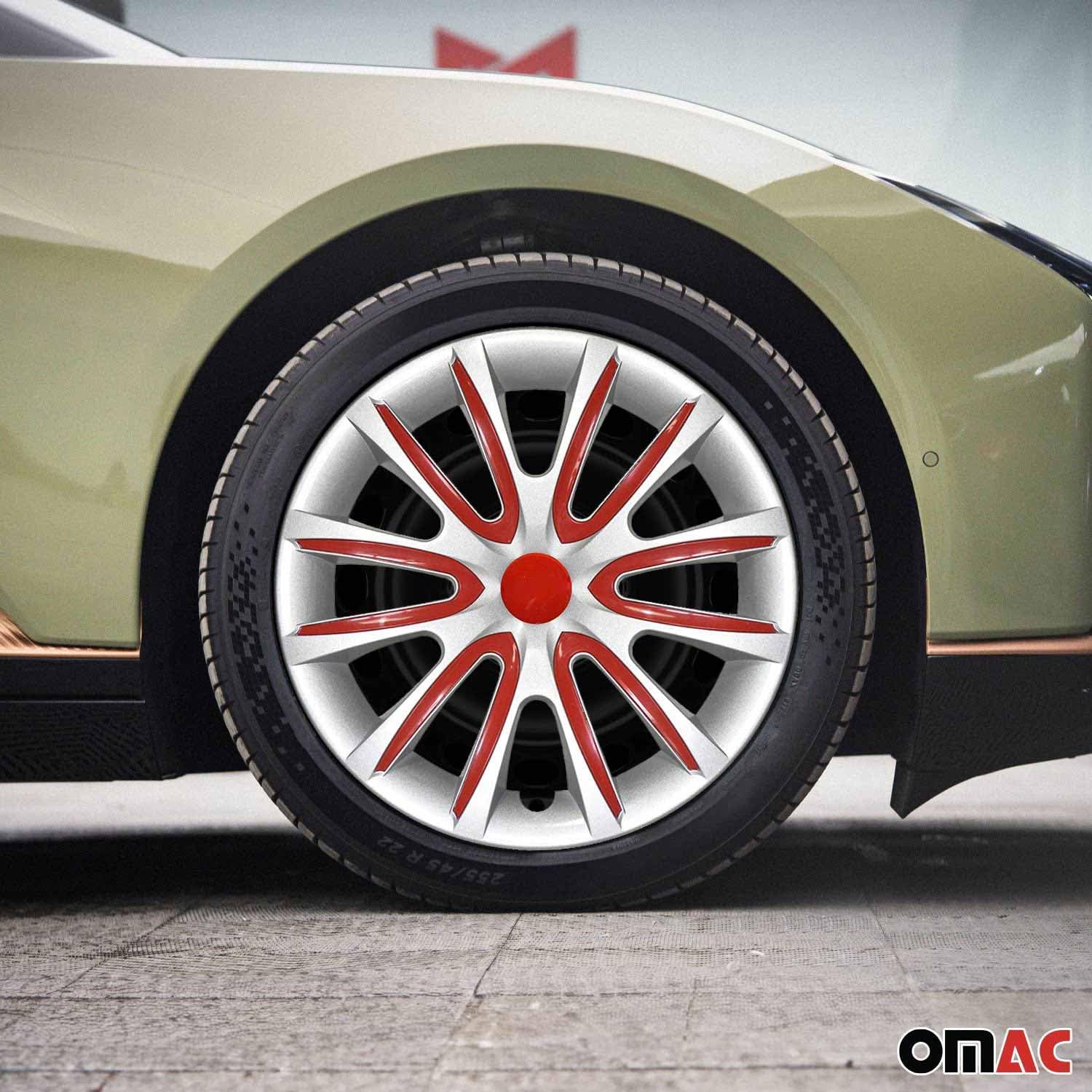 OMAC - Gray with Red Hub Caps 14 Inch Set of 4, Tapas para Rines 14, Premium Wheel Covers 14 Inch, R14 Rim Cover Set, Snap On Durable Car Replacement Exterior Accessories