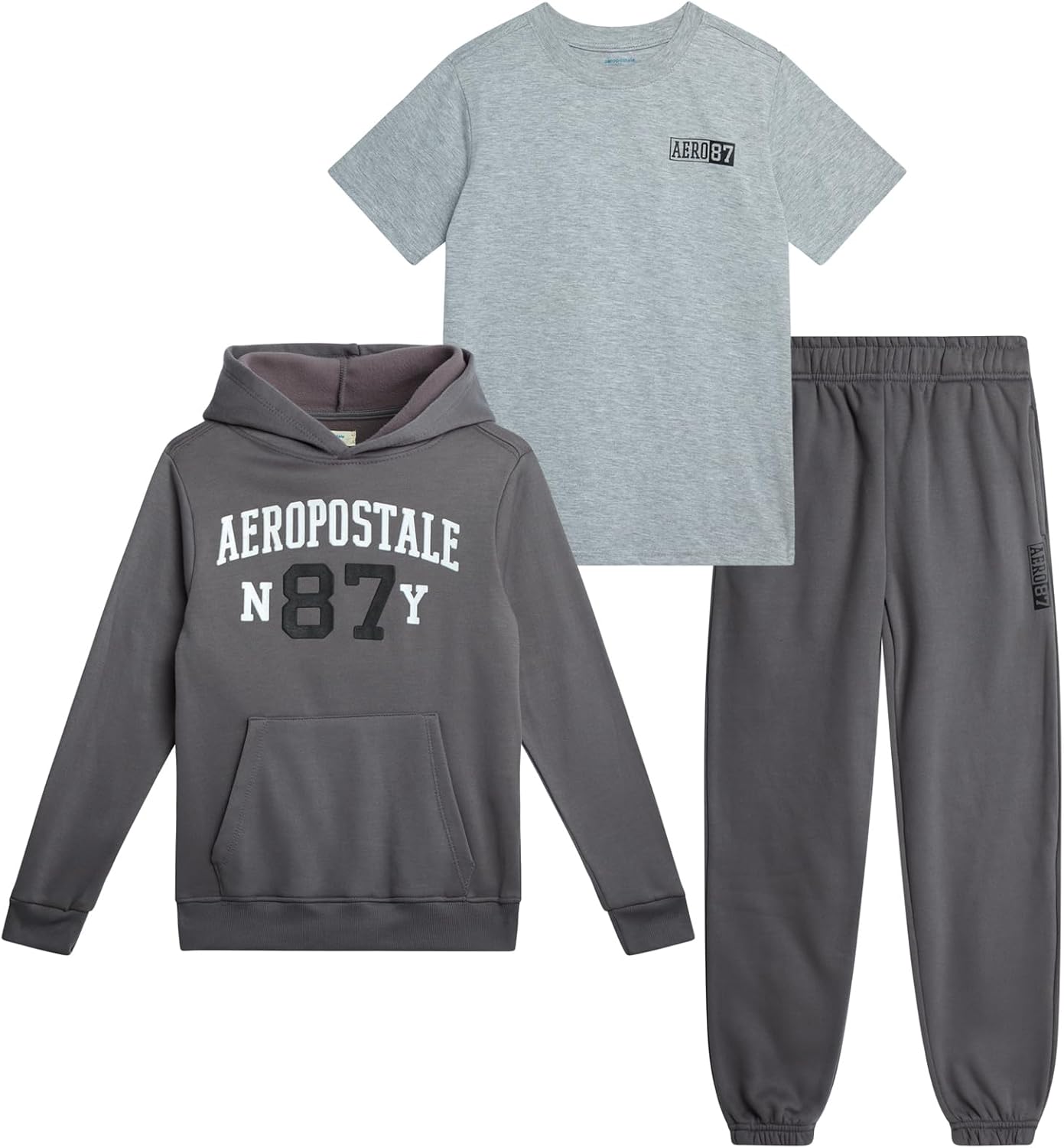 AEROPOSTALE Boys Sweatsuit Set - 3 Piece Athletic Soft Fleece Hoodie, Graphic Tee and Boys Joggers Sweatpants (Sizes: 8-12)