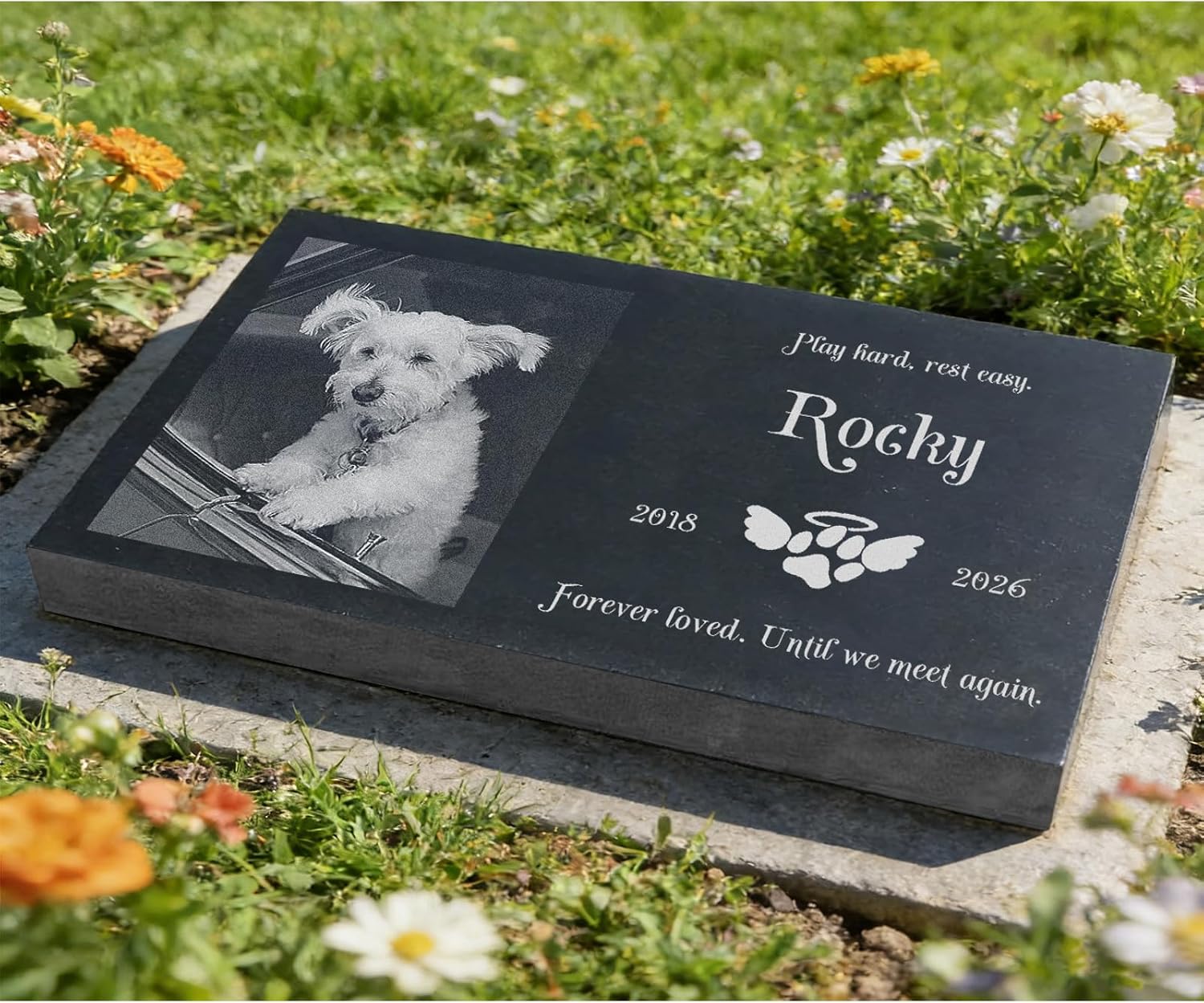 Pet Memorial Stones, Personalized Memorial Plaque Grave Stone for Dog Cat Black Granite Grave Marker Custom Pets Headstone Engraved with Photo