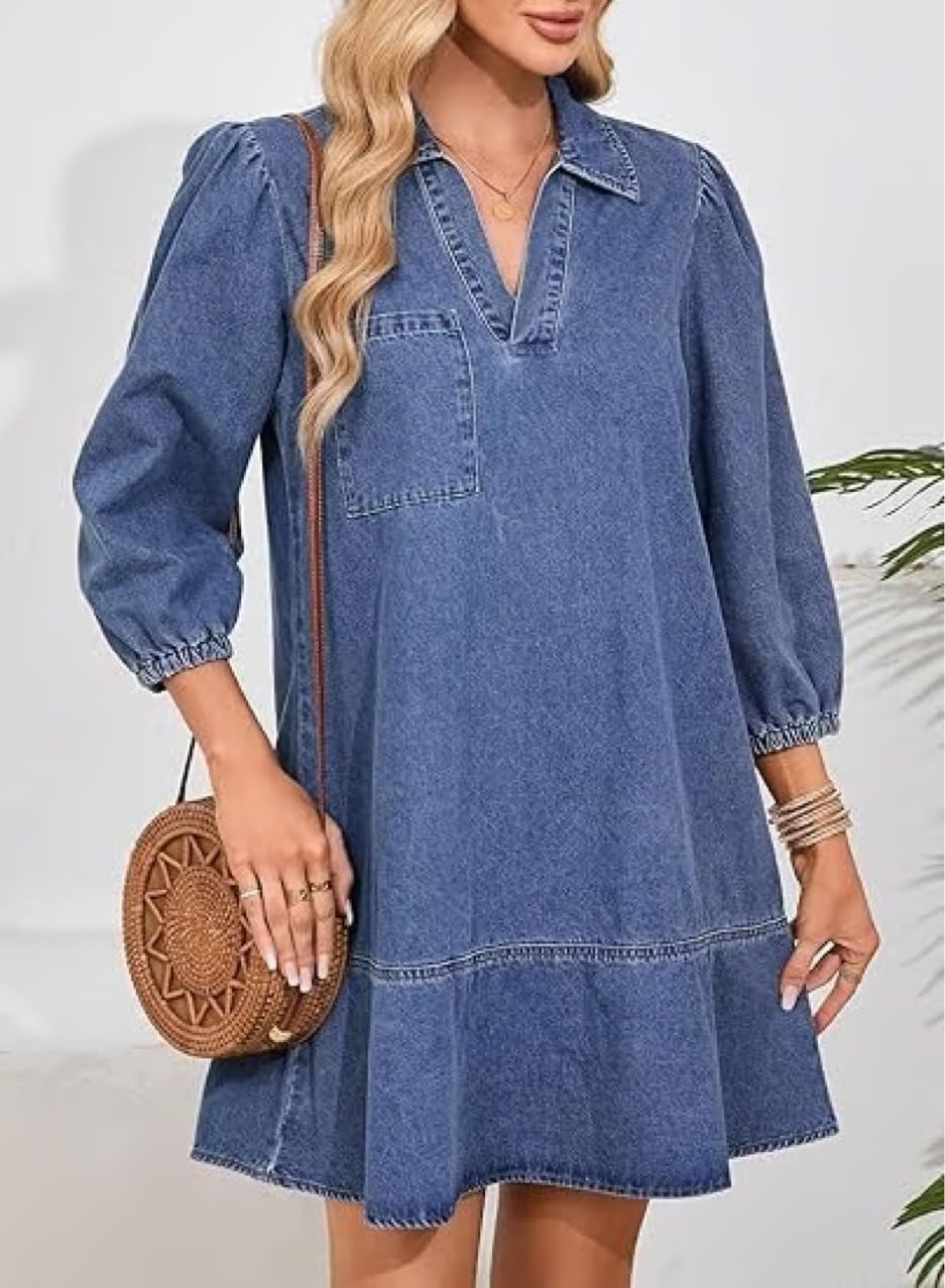 utcoco Denim Dress for Women Casual Loose Fit 3/4 Sleeve Ruffle Jean Badydoll Mini Dress with Pockets - Image 4