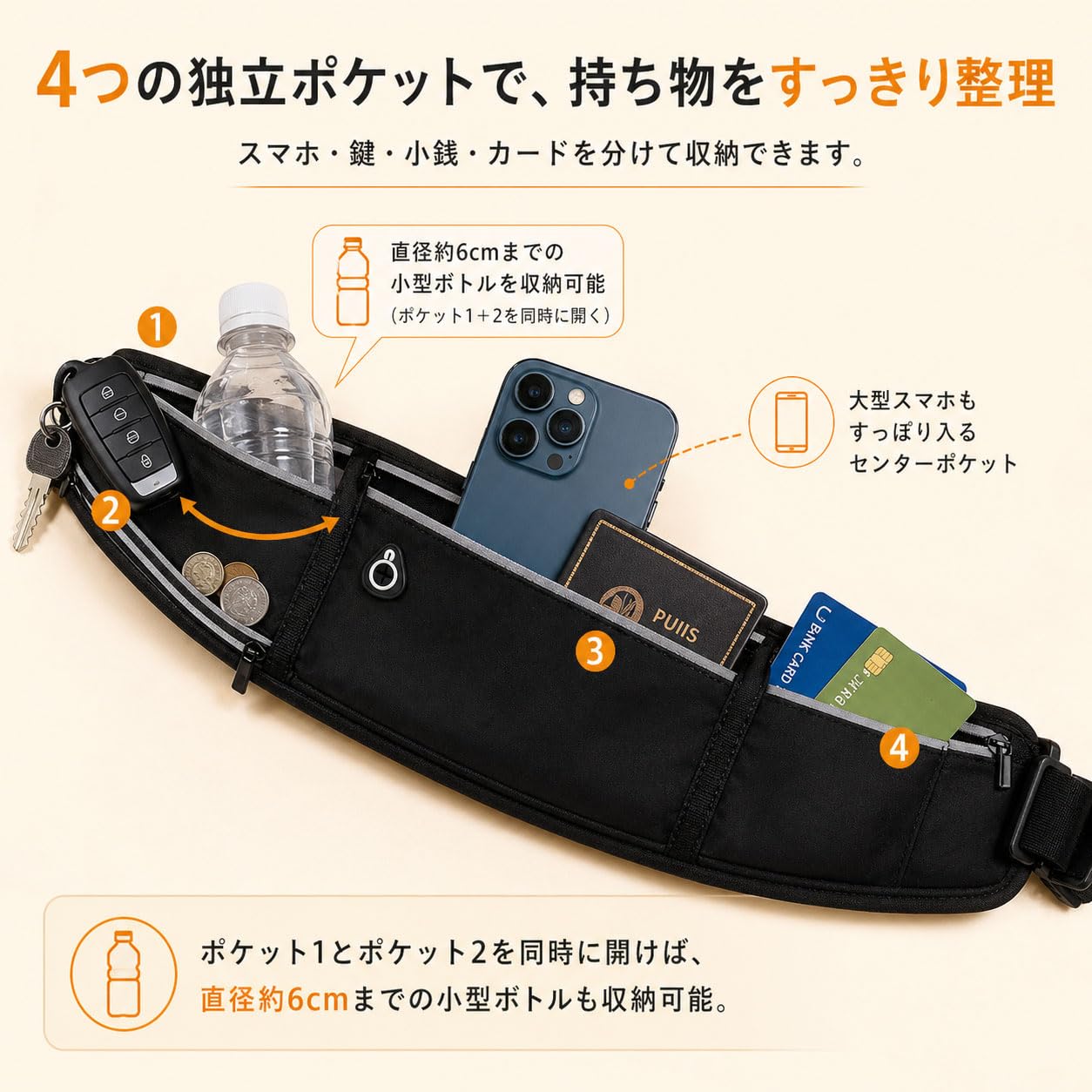 ランニングポーチ ウエストポーチ 【4ポケット 小型ボトル収納可2026新モデル】 大容量 防水 揺れない 伸縮 スマホ 軽量 ボディバッグ マラソン ポーチ メンズ レディース ジョギング ウォーキング - 2