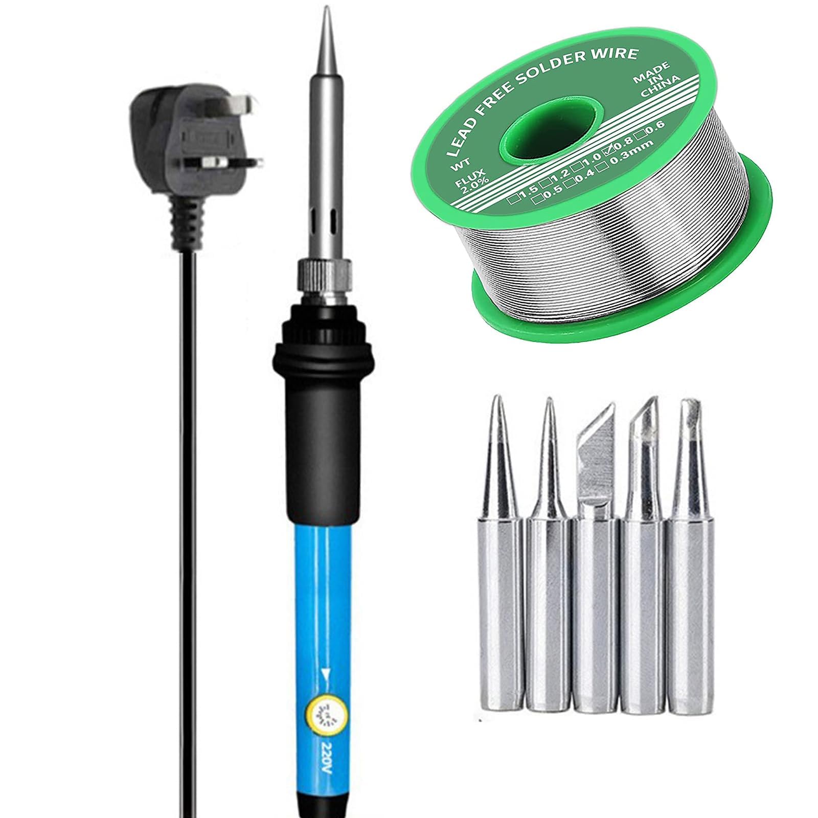 Soldering Iron Kit Electronics UK Plug Operating Temperature Range 200°C to 450°C with 5Pcs Different Solder Tips, Solder Wire for Variously Electronic Repair