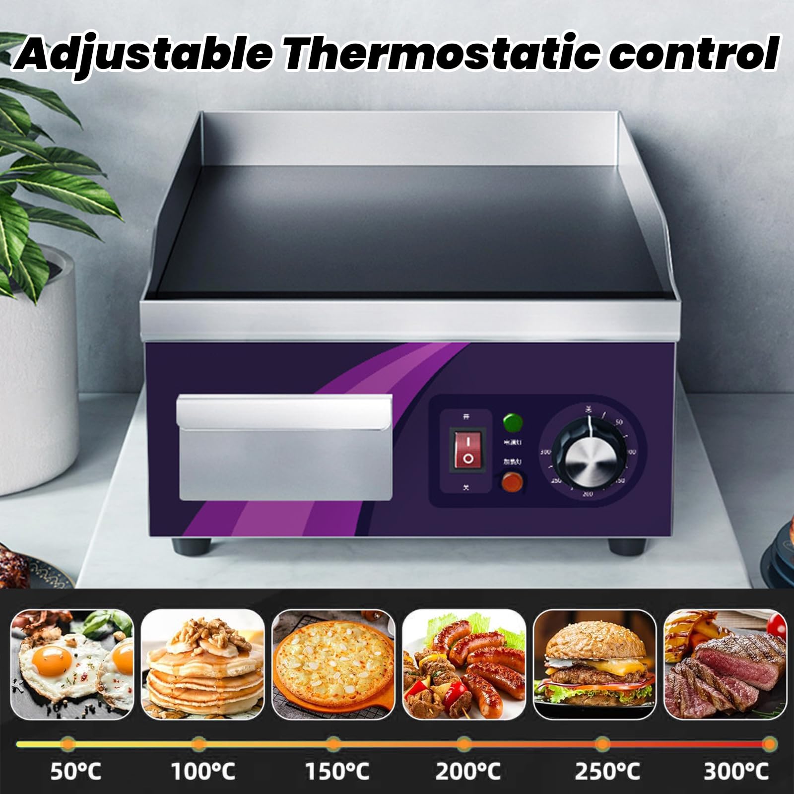 Plancha Cocina Eléctrica Profesional 14", Plancha De Asar Eléctrica De Acero Inoxidable Antiadherente De 2000W para Restaurantes Cocina Control De Temperatura Ajustable 50-300 ℃
