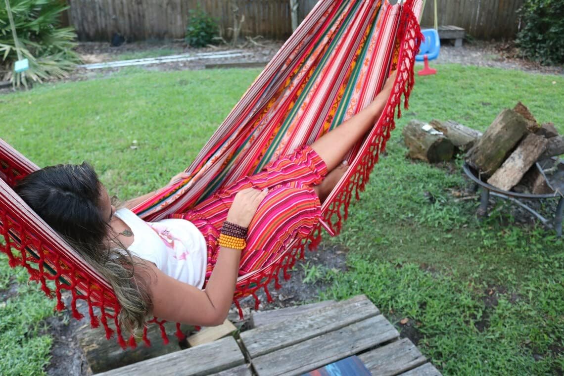 Red Hammock Double Handmade Inca Patterns Vintage Bohemian Otavalo