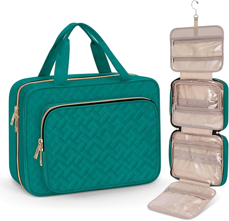 Wedama Necessaire de viagem suspensa verde com compartimentos, material impermeável e gancho de aço inoxidável