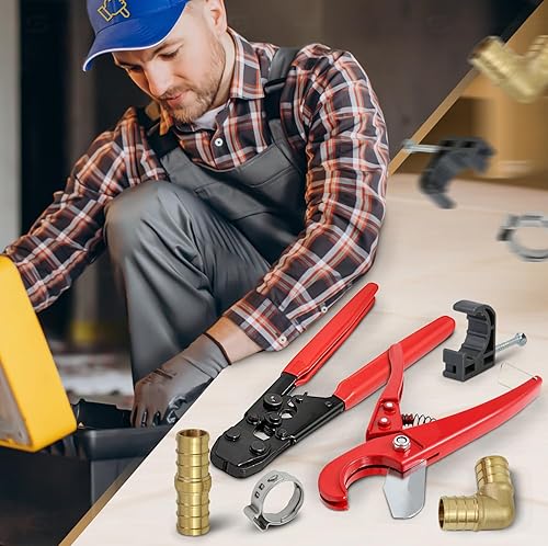 Miniatura 9 de Pexflow PXKT1234 Pex Starter Kit - Herramienta de crimpadora y cortadora, púas de latón de 12 pulgadas + codo de 34 pulgadas y acoplamiento de acero