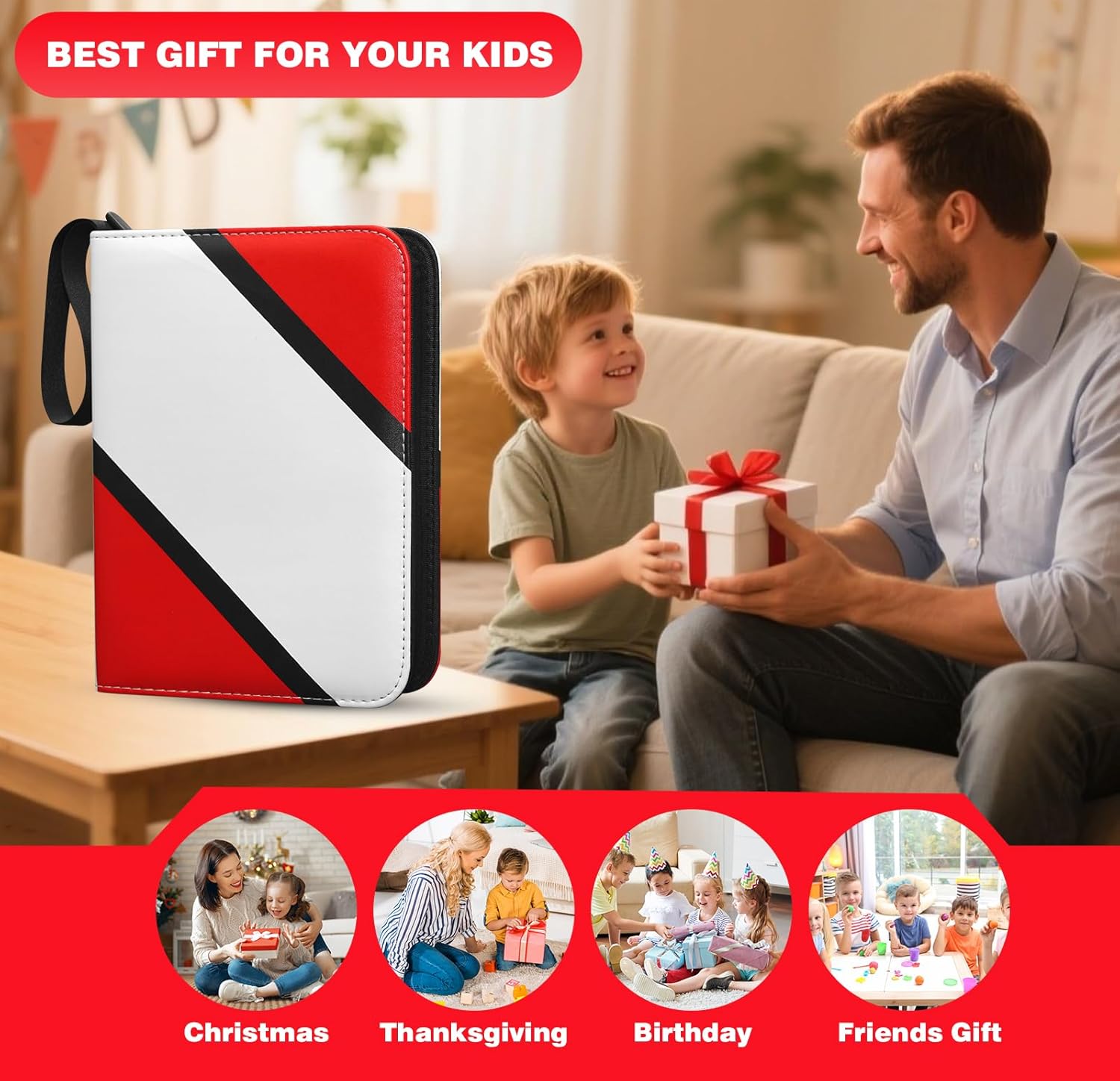 4 Pocket Trading Card Binder - Holds 440 Cards with 55 Removable Sleeve, Standard Size Sports Binder, Durable 4-Pocket Card Holder with Wrist Strap, Portable Card Collector Ablum Holder Book