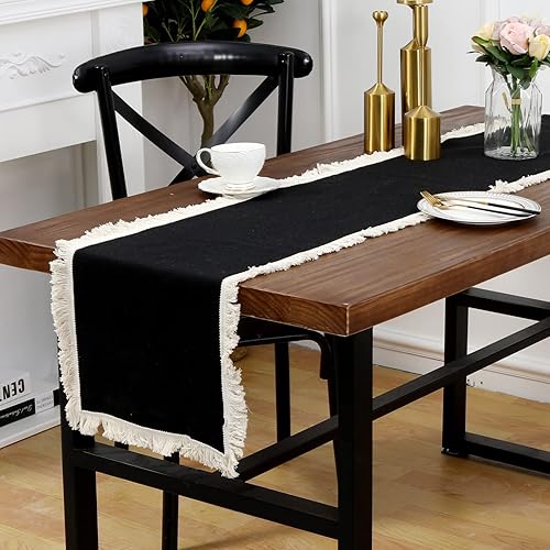 Miniatura 3 de LOHUT Camino de mesa de lino negro con borla camino de mesa para mesa de centro y comedor 12 x 108 pulgadas