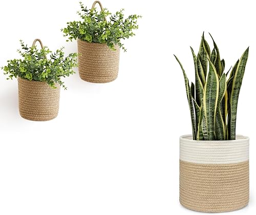 Dahey Cesta de cuerda de algodón empalmada de yute para plantas y paquete de 2 cestas de cuerda para colgar en la pared con eucalipto artificial, Dahey Cesta de cuerda de algodón empalmada de yute para plantas y paquete de 2 cestas de cuerda para colgar en la pared con eucalipto artificial,