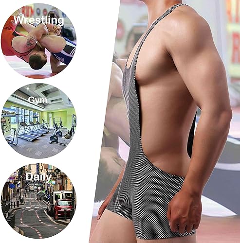 Miniatura 11 de QiaTi Boxers de lucha libre transpirable para hombre, overol de una pieza, leotardo básico para hombre B#Striped