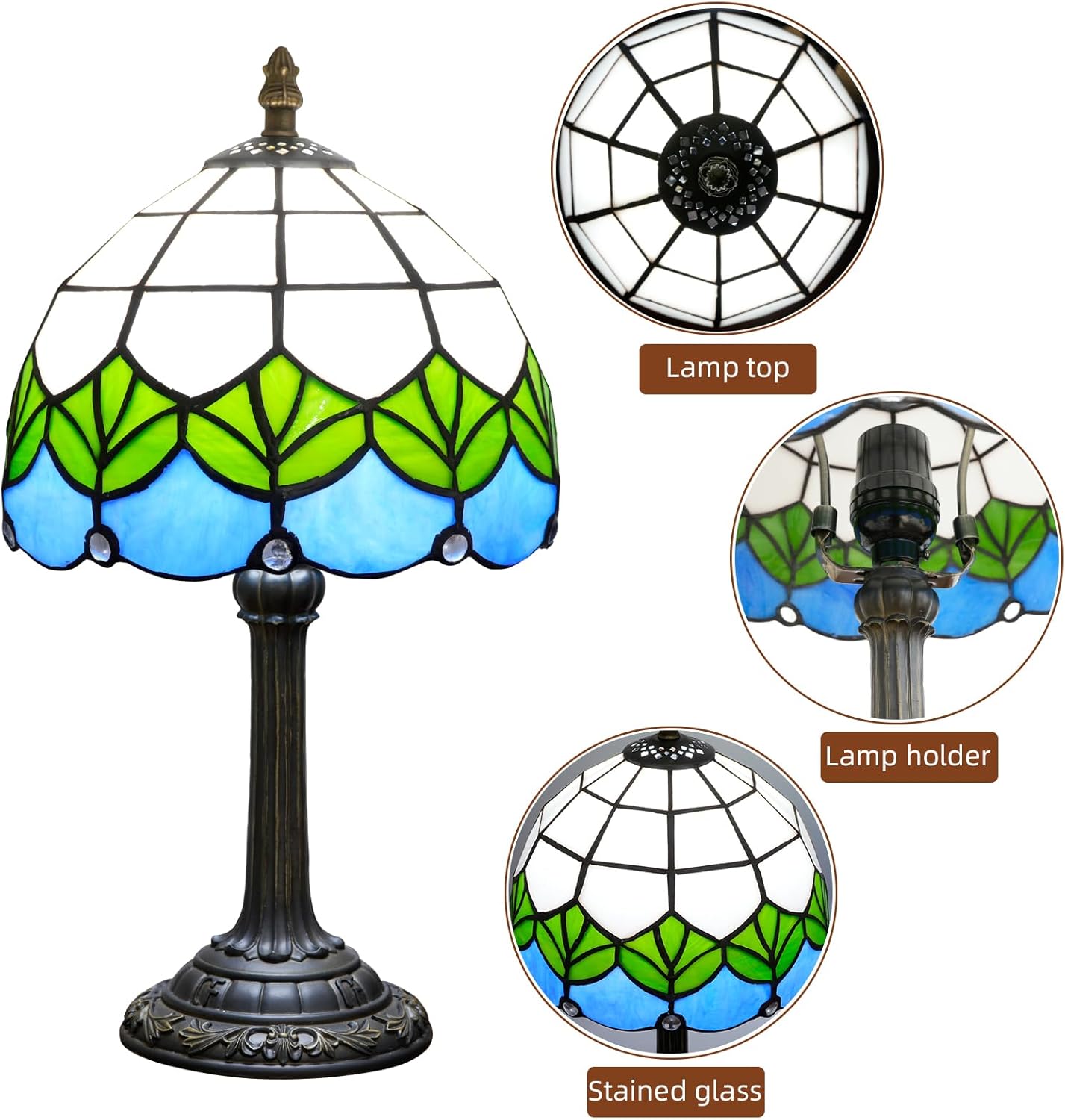 Small Tiffany Lamp Stained Glass Table Lamp Elegant Lovely Retro Style Green Lotus Leaf Bedside Nightlight Nightstand Bedroom Home Decoration Antique Living Room Office Interesting Lamp