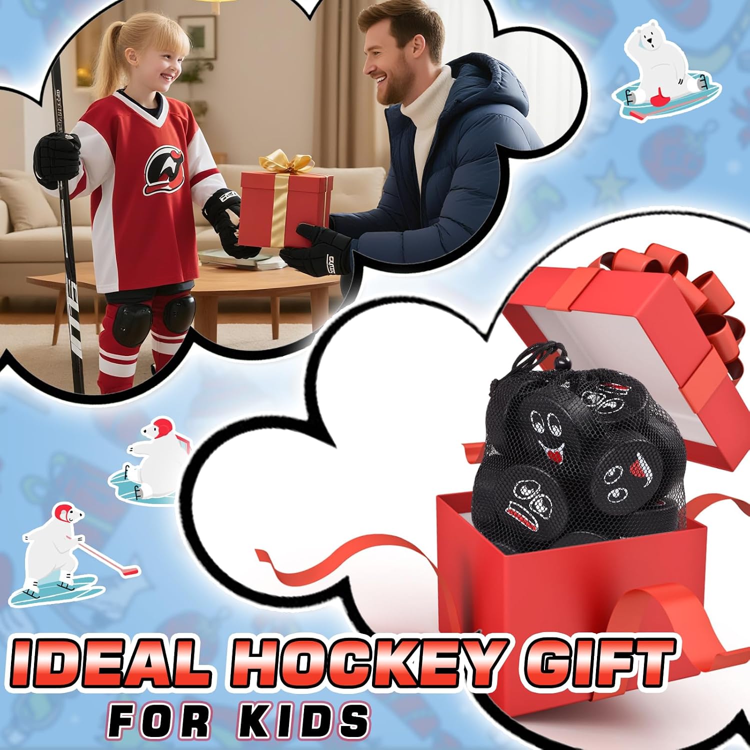 24 Pcs Foam Ice Hockey Pucks with Emotions Faces & Mesh Bag - Mini Indoor 3" Funny Hockey Pucks for Practice, Training, Birthday Party Favors & Fun Gift Decoration