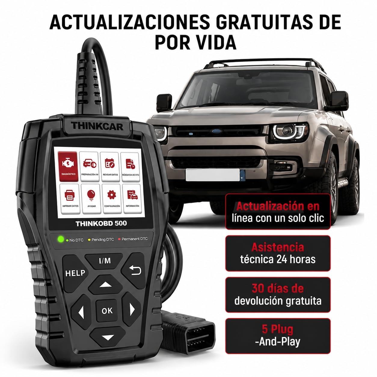 ThinkOBD 500 Diagnosis Coche Multimarca con Sistema del Motor | Diagnosis Coche Multimarca Para Protocolos OBDII/EOBD, Verificación de Smog/Prueba EVAP/Apague MIL...
