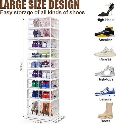 Miniatura 8 de Caja de almacenamiento plegable, organizador de zapatos apilable transparente con tapas, armario grande de 6 capas para zapatos