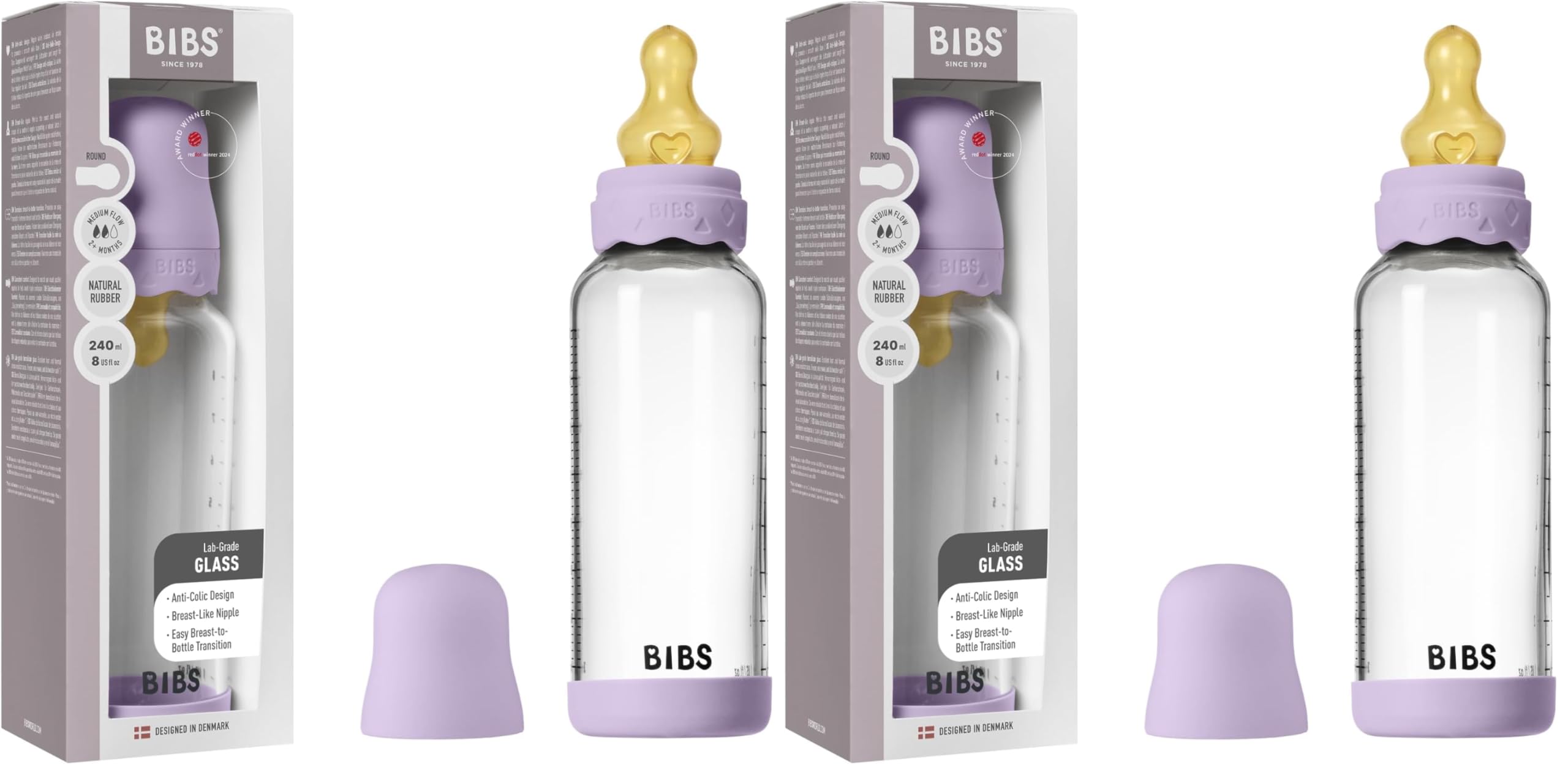 BIBS Boheme Baby Glass Bottle 240ml, Vermindert Koliken, Runder Sauger aus Naturkautschuklatex, Unterstützt das Stillen. Hergestellt in Dänemark - Violet Sky (Packung mit 2)