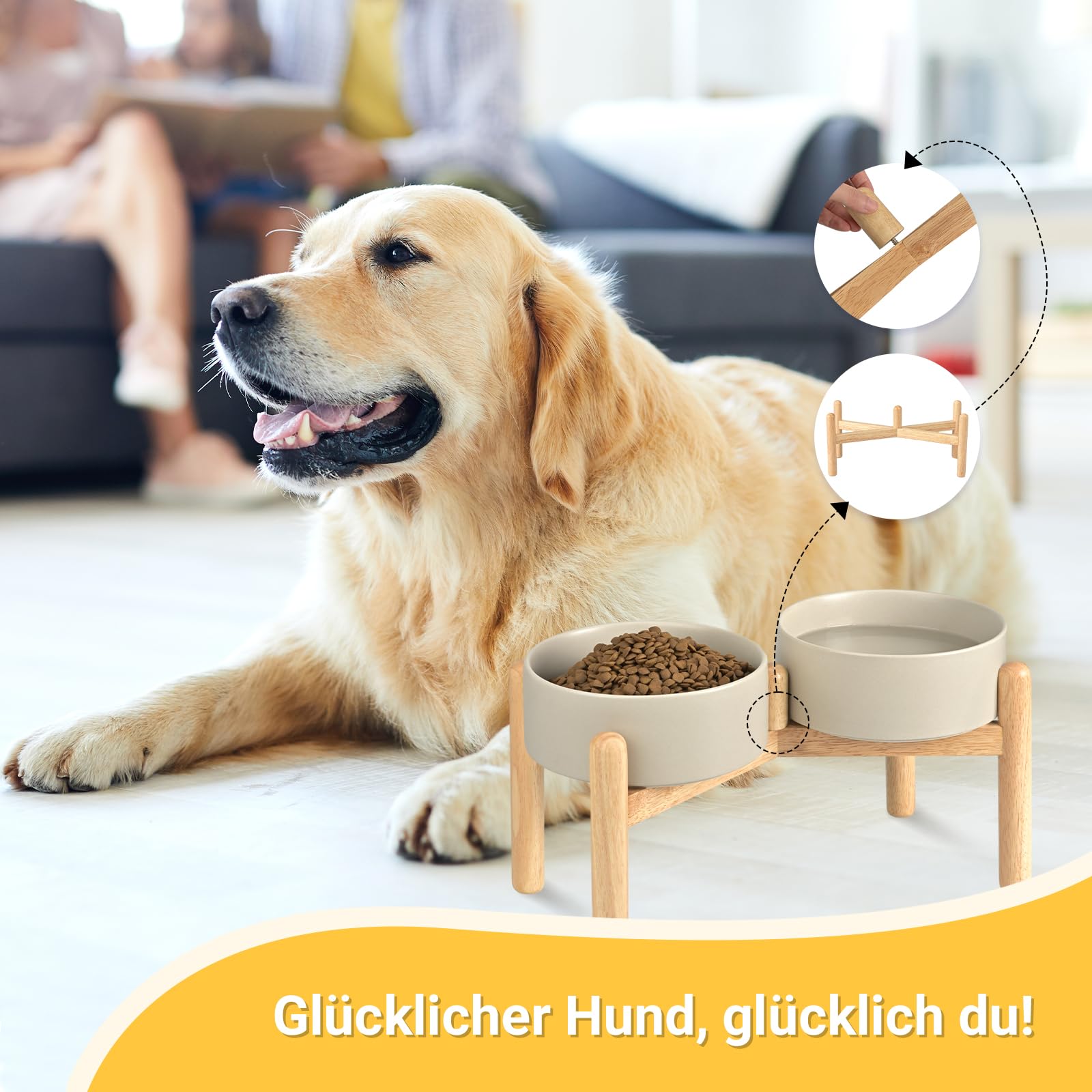 SPUNKYJUNKY Hundenapf Keramik Fressnapf Erhöhter Futternapf Wassernapf mit Bambus Ständer für mittelgroße und große Hunde (1800ml, Grau)