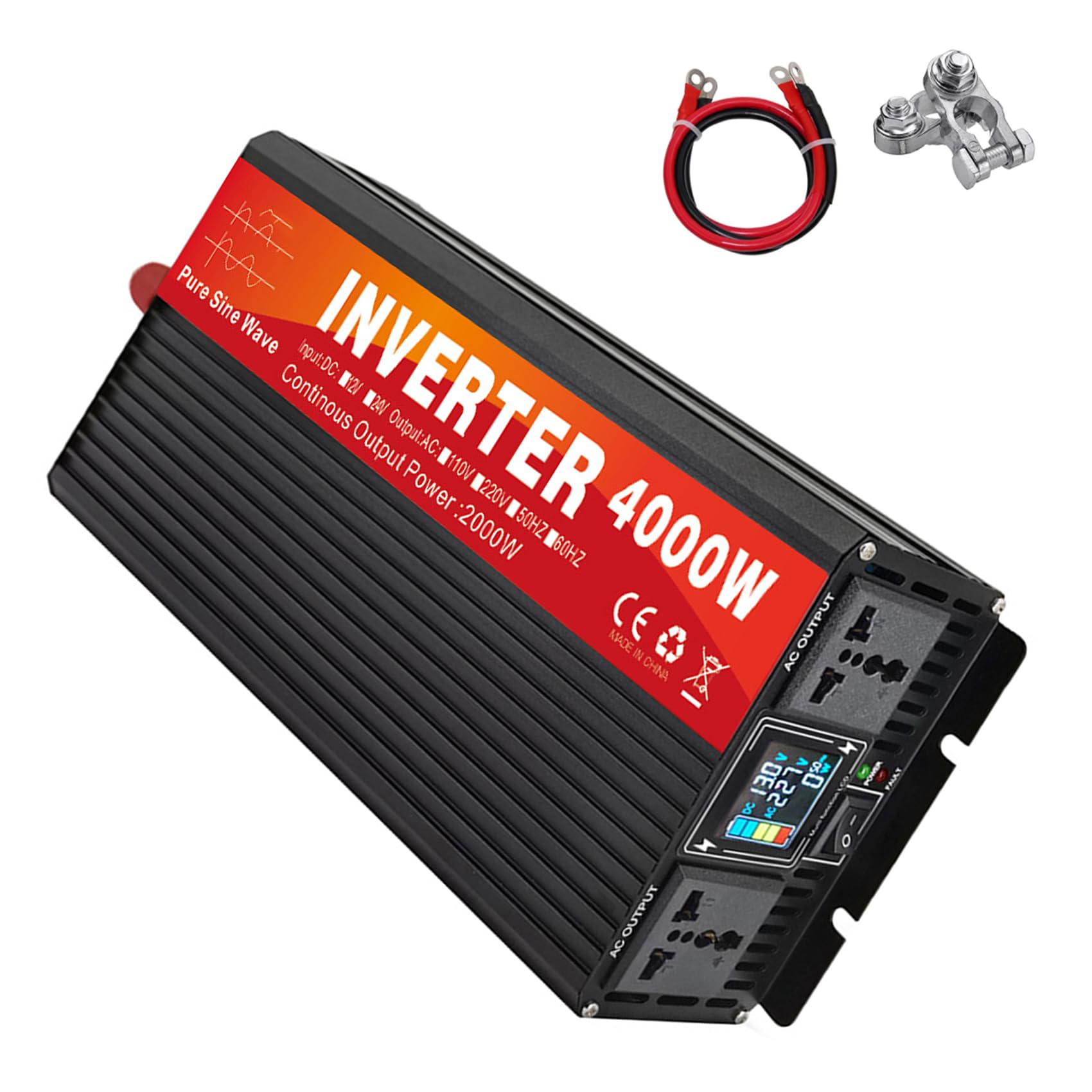 60v to 230v,Przetwornica czystej fali sinusoidalnej o mocy 4000 W, przetwornica napięcia 12 V–72 V DC na 110 V/230 V AC, z 2 gniazdami prądu przemiennego i wyświetlaczem LCD