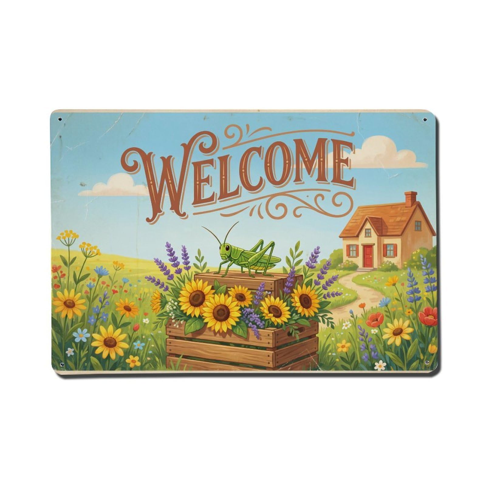 Vintage Welcome Grasshopper Golden Hour Metal Tin Sign