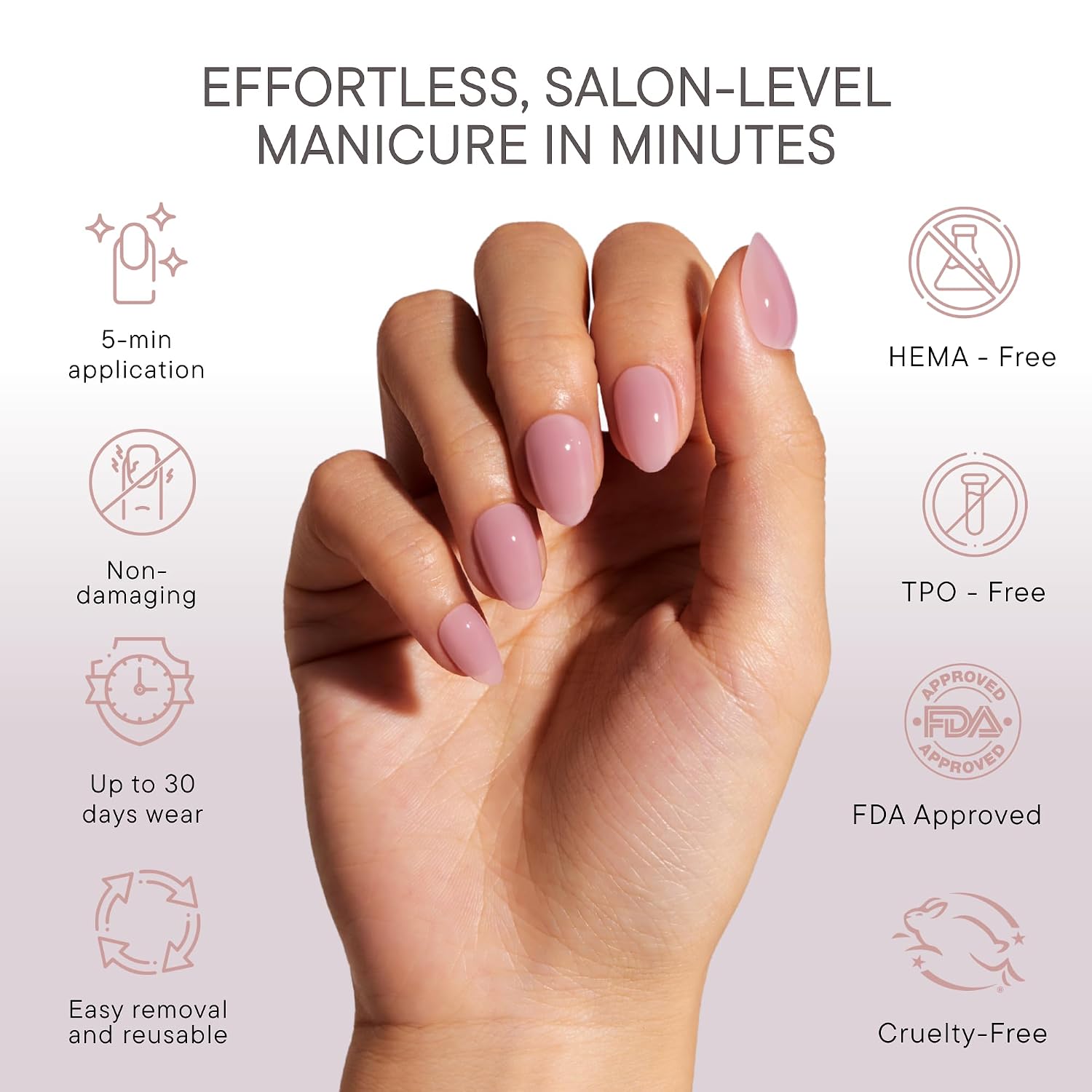 Condition photo showing New/Like New for celebritips press on nails - salon u-ltimatetm | misty rose, extra short almond nails, reusable | 16 sizes - 32 nails kit with glue and sticky tabs
