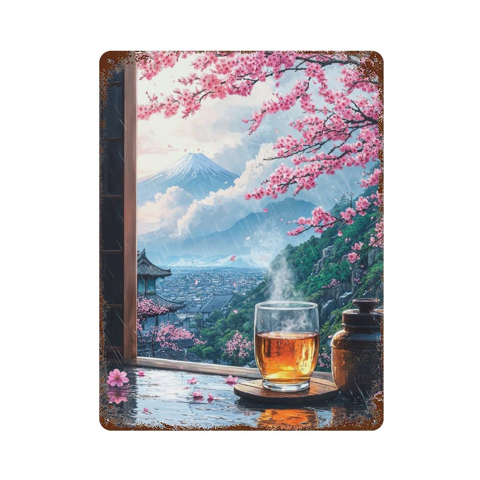 Vintage Metal Tin Sign Japanese Rainy Landscape 15.7"x11.8", Industrial Home Decor for Farmhouse, Kitchen And Entryway Decor