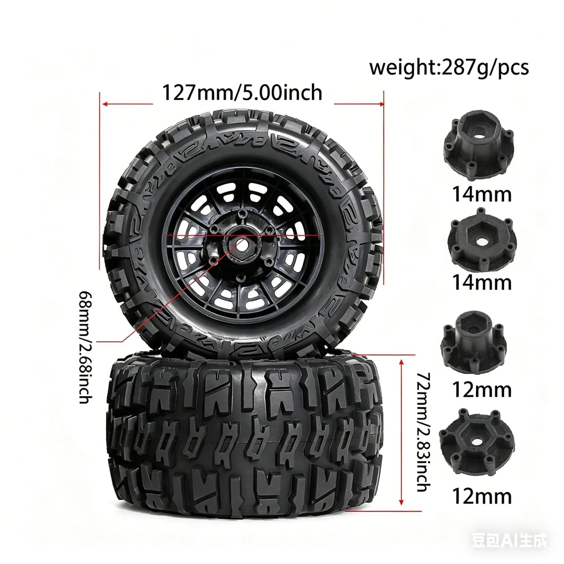 For 1/10 RC OD 127mm neumáticos y Ruedas de camión Monstruo 12mm 14mm Hex Compatible con Escala 1:10 Todoterreno camión Coche 4x4(4pcs Blue)