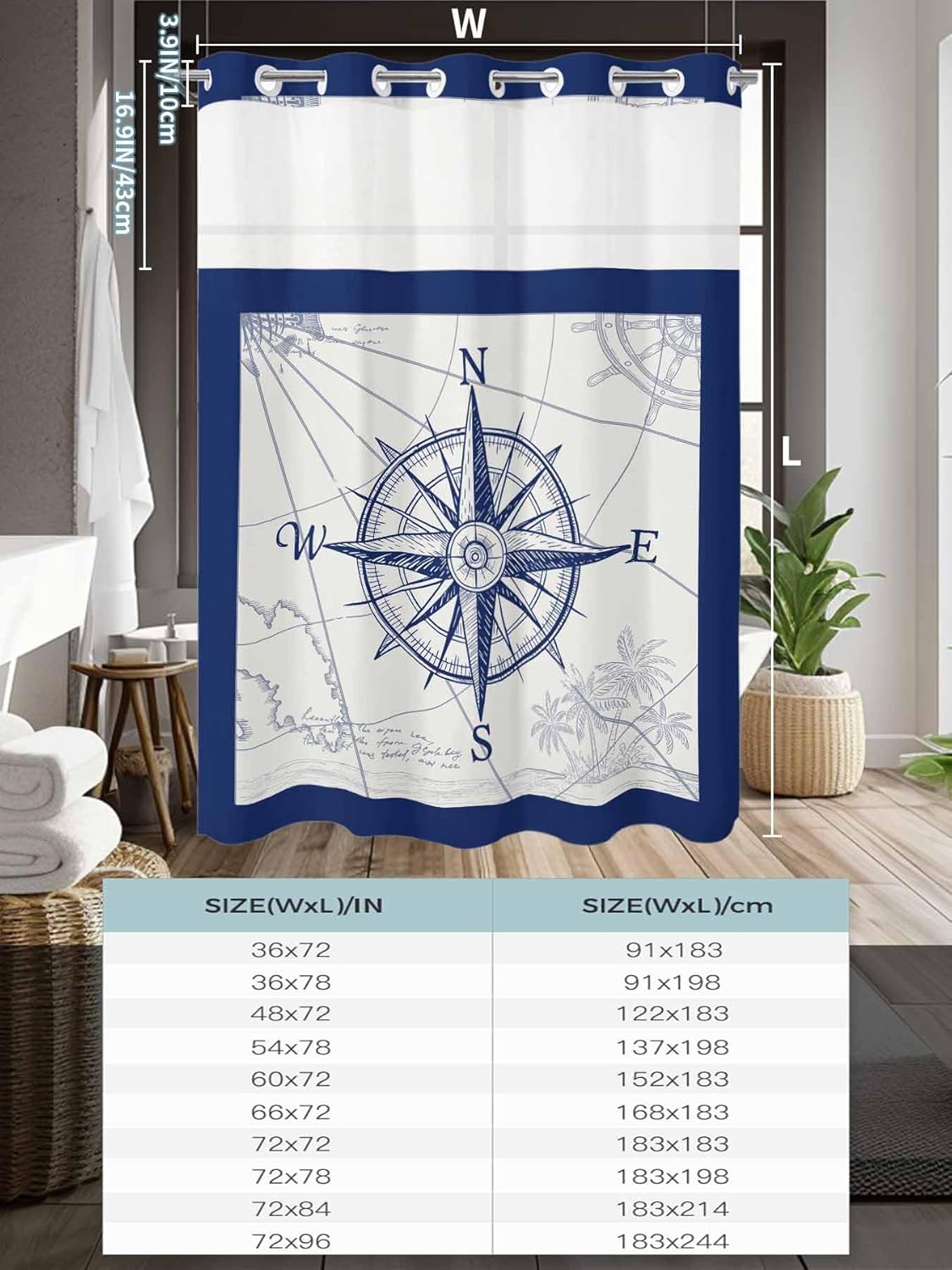 No Hook Shower Curtains, Navy Blue Nautical Standard Shower Curtains with Snap in Liner, Beach Ocean Coastal Compass Waterproof Washable Fabric Bathroom Shower Curtain Sets, 66" x 72"
