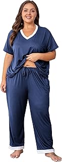 Pajama Sets for Women Short Sleeve Long Pants Sleepwear V Neck Chest Pocket PJS Plus Size Drawstring Loungewear