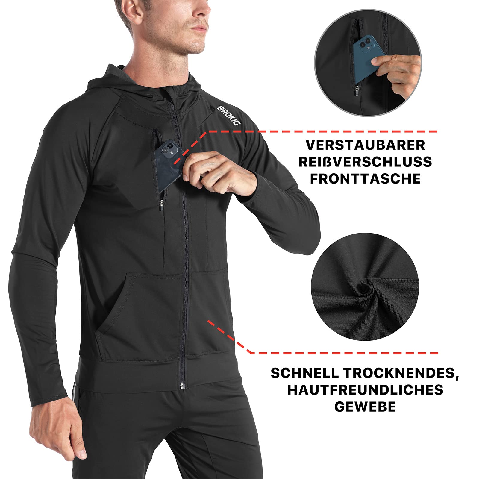BROKIG Leichte Hoodie Herren,Schnelltrocknende Laufjacke Atmungsaktives Kapuzenpullover Trainingsjacke mit Reißverschluss