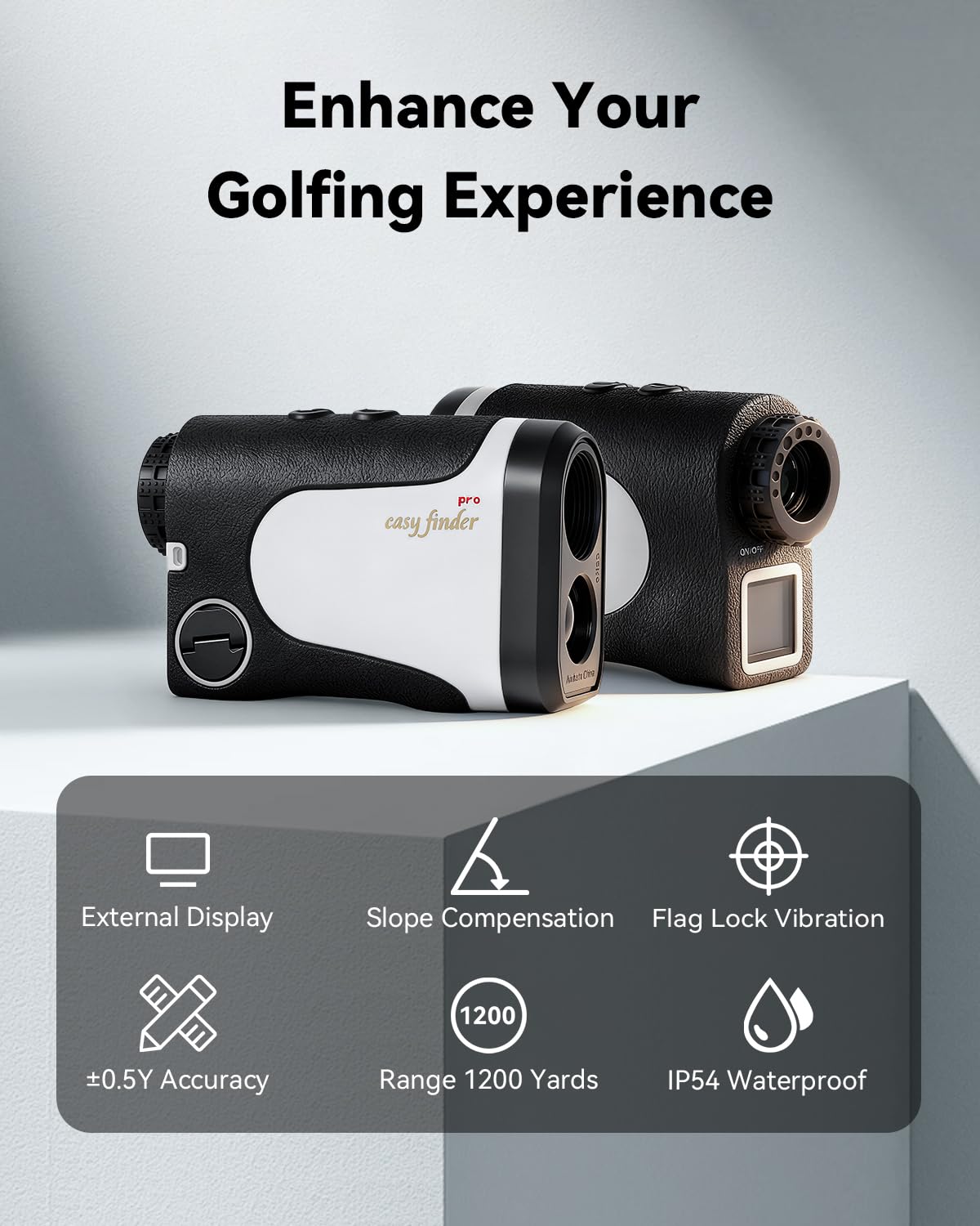 Telémetro de golf con pendiente, 1200 yardas láser para golf con pantalla externa, vibración de bloqueo de mástil de bandera, aumento 6X, accesorios de golf para hombres