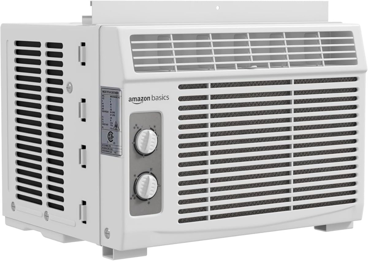 Amazon Basics 5000-BTU Small Window Air Conditioner, Up to 150 Sqf, Window AC Units with Cool and Fan Functions, Washable Filter, Adjustable Window Kit, Intuitive Mechanical Controls, White