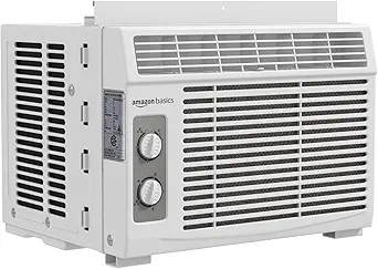Amazon Basics 5000-BTU Window Air Conditioner with Quiet Operation, Up to 150 Sqf, Cool and Fan Functions, Washable Filter, Adjustable Window Kit, Intuitive Mechanical Controls, for Small Room, White