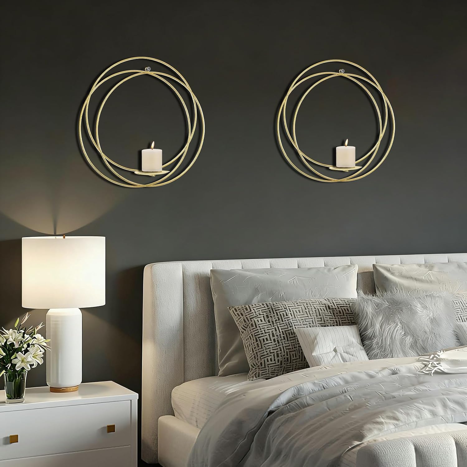 Wall Candle Sconces Set of 2 Gold Metal Hanger with Wood Base Farmhouse Rustic Wall-Mount Candle Holders Modern Wall Decorations for Living Room Bathroom Garden Patio Office