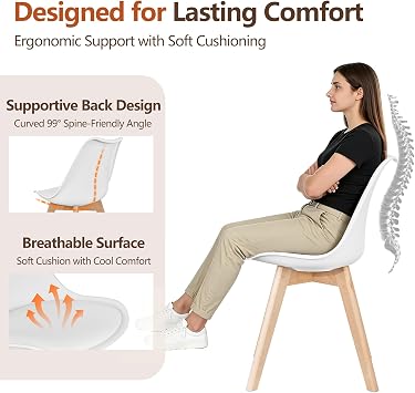 VECELO Dining Chairs Set of 4, Mid-Century Modern Kitchen & Dining Room Chairs, PU Leather Upholstered Seat, Solid Wood Legs, Armless, Non-Slip Feet, White