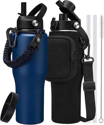 Botella de agua de acero inoxidable de 32 onzas con pajilla, tapa de boquilla, bolsa de transporte, mantiene el frío 48 horas y caliente, botellas