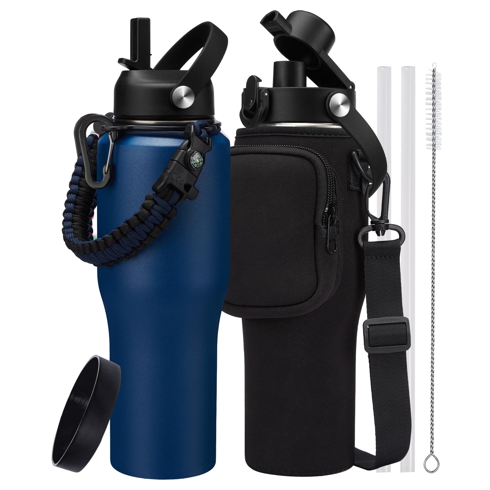 Isolierte Edelstahl-Wasserflasche 900 Ml - Hält 48h Kalt, 24h Heiß, Mit Trinkhalm & Paracord-Griff (Survival-Set)